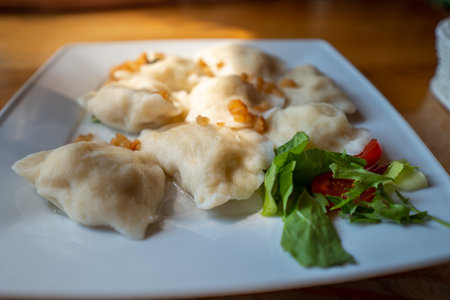 A plate full of dumplings topped with cracklings. Sunlight illuminating the dish. Traditional Polish dish.の写真素材
