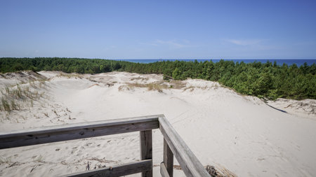 Beautiful LubatÃ³w dunes. View from the observation deck towards the dunes and the Baltic Sea. Viewpoint. Lubiatowo, Polandの写真素材