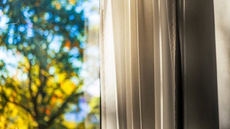 Close-up of curtains and drapes in the interior. A beautiful view of the blurred greenery outside the window in the autumn season. The light was breaking into the interior. Autumn colorsの写真素材