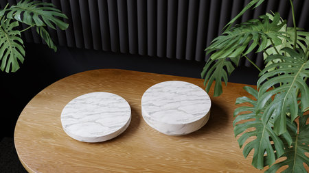 A modern, rounded wooden table as a background for products and exhibitions surrounded by greenery. Marble cylindrical platforms. Dark background with vertical semi-circular lamellas. Top viewの写真素材