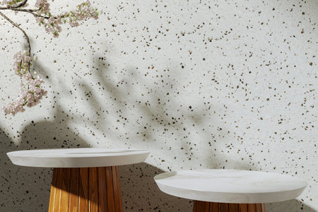 A marble round table for presenting products against the background of a concrete wall surrounded by greenery. Shadows of sunlight on the wall. Background for the presentation of cosmetic productsの写真素材