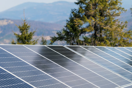 Photovoltaic panels against the backdrop of a mountain landscape. Solar panels high in the mountains...