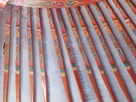 Decorated roof support beams for Mongolian gerの写真素材