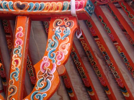 Decorated roof support for Mongolian gerの写真素材