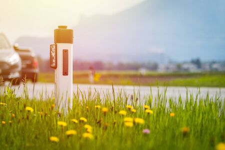 Reflector post and cars at an idyllic asphalted road in summer, flowers and green grassの写真素材