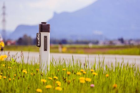 Reflector post at an idyllic asphalted road in summer, flowers and green grassの写真素材