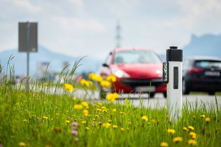 Reflector post and cars at an idyllic asphalted road in summer, flowers and green grassの写真素材