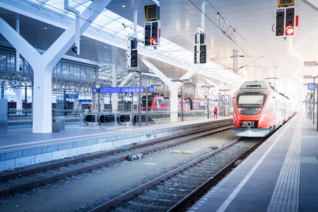 Travelling scene on train station, rail platform or trackのeditorial素材