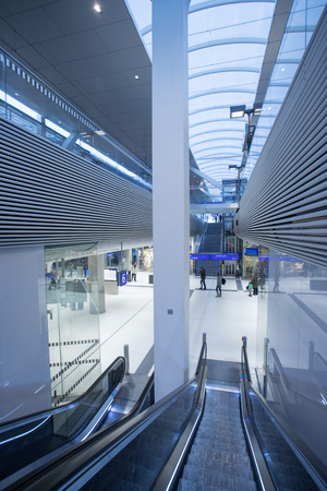 Travelling scene on train station, moving stairway for public transportのeditorial素材