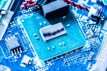 Computer chip on a circuit board, close up; Computer technology.