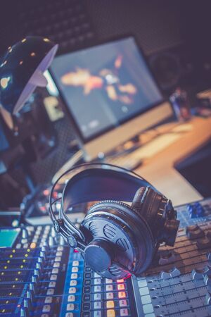 Professional sound recording studio: Headphones on a mixer desk, Radioの写真素材