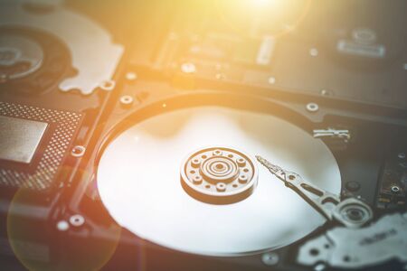 Close up picture of computer hard drive, used in cloud computing. Sunlight. の写真素材