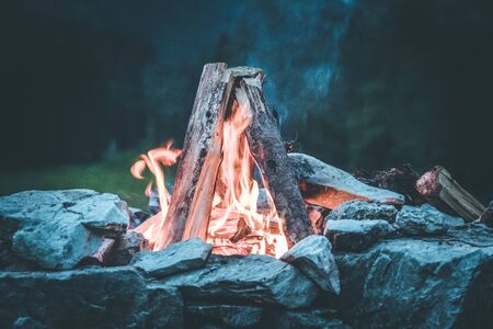 Forest bonfire in the summer, camping time with friends. Copy space.の写真素材