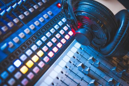 Professional sound recording studio: Headphones on a mixer desk, Radioの写真素材