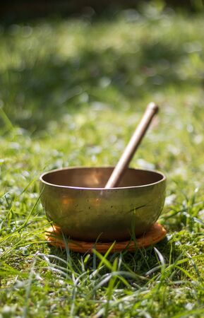 Metal singing bowl in the grass of the own garden, zenの写真素材