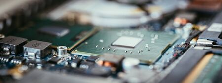 Computer chip on a circuit board, close up; Computer technology.の写真素材