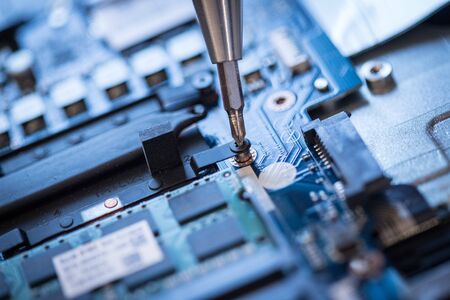 Computer chip on a circuit board, close up; Computer technology.の写真素材