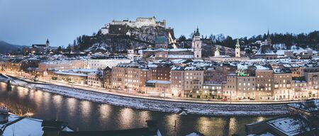 Salzburg old city at christmas time, snowy in the evening, Austriaの写真素材
