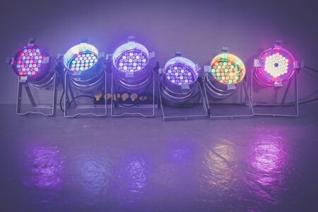 Party lighting: Colorful LED spots on the floor, hallの写真素材