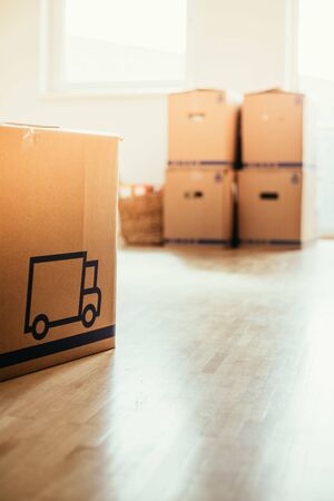 Move. Cardboard, boxes and stuff for moving into a new homeの写真素材