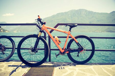 Bike on the foreground, lake garda with blue water in the background