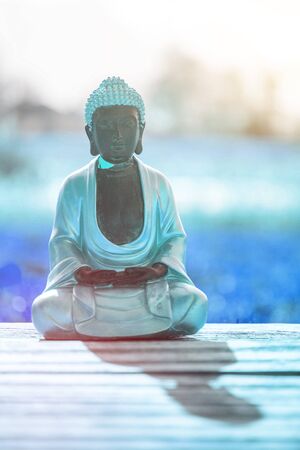 Buddha statue at an Indian temple, summer time. Text space.の写真素材