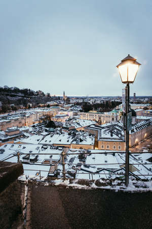 Salzburg old city at christmas time, snowy in the evening, Austriaのeditorial素材