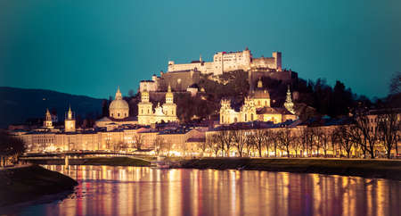 Salzburg old city, fortress, cathedral and salzach on dusk, twilight hourのeditorial素材