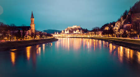 Salzburg old city, fortress, cathedral and salzach on dusk, twilight hourのeditorial素材