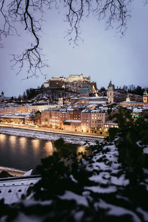 Salzburg old city at christmas time, snowy in the evening, Austriaのeditorial素材