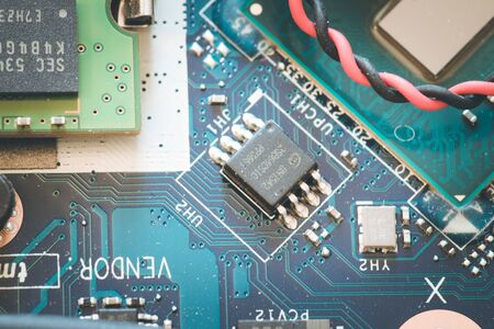 Computer chip on a circuit board, close up; Computer technology.の写真素材