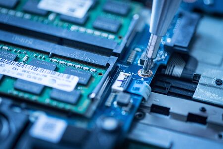 Computer chip on a circuit board, close up; Computer technology.の写真素材