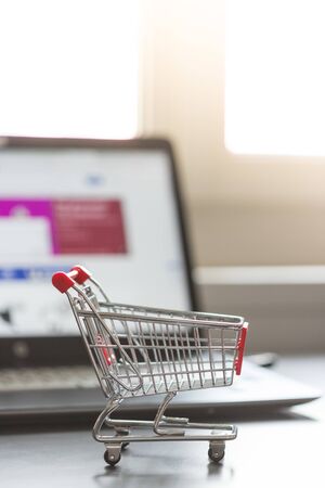 Online-Shopping concept: Miniature shopping cart, laptop and mouse in the blurry backgroundの写真素材