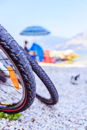 Mountain bike tyres on the beach, copy spaceの写真素材