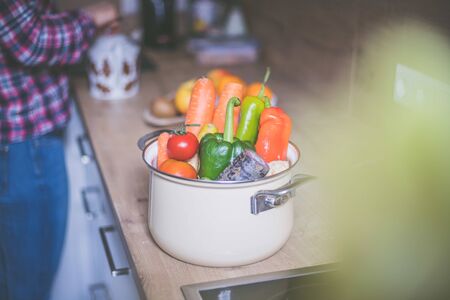 Closeup of healthy vegetables in the kitchen, topviewの写真素材