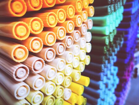 Close up of variety of colored pens in a stationery shopの写真素材