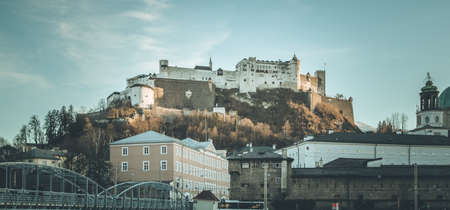 Salzburg in autumn: Fortress Hohensalzburg and blue, cloudy skyのeditorial素材