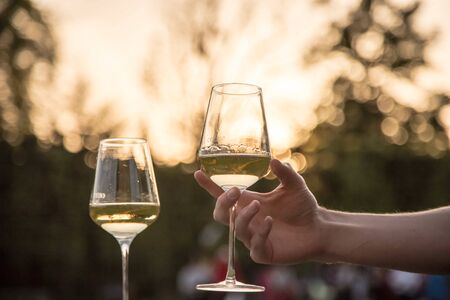 Glass of white wine on a stone wall in the formal garden. Enjoying it in the own garden in the...