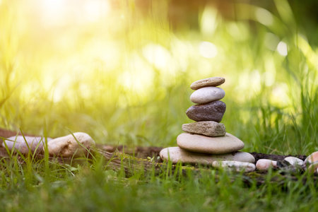 Close up of stone cairn, metaphor for balance, spirituality and relaxationの写真素材