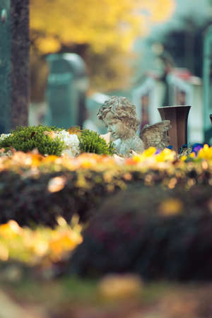 White angel on a grave at a cemetery, flowersの写真素材