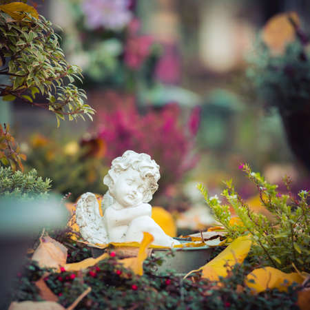 White angel on a grave at a cemetery, flowersの写真素材