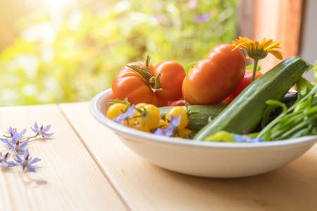 Fresh colorful vegetables in a bowl, raised in the own garden. Tomatoes, zucchini, flowers and herbs.の写真素材
