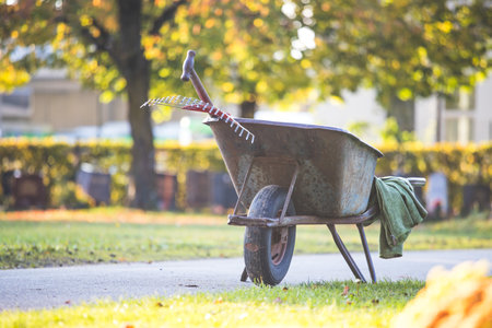 Close up of gray wheelbarrow in a park, gardeningの写真素材