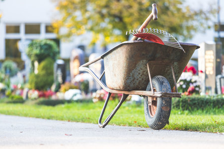 Close up of gray wheelbarrow in a park, gardeningの写真素材