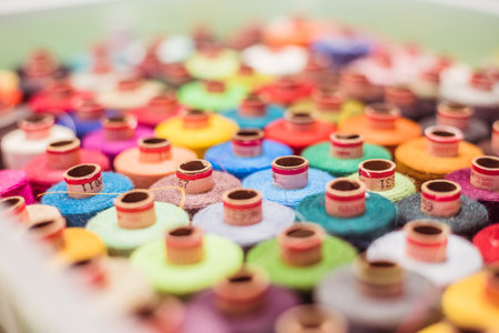 Variety of colorful sewing threads, birds eyeの写真素材