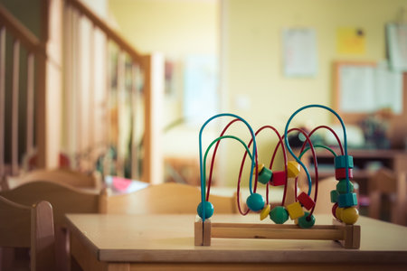 Close up of colorful wooden toy for learning and socializationの写真素材