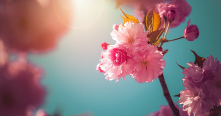 Close up picture of pink blooming cherry blossoms, copy spaceの写真素材