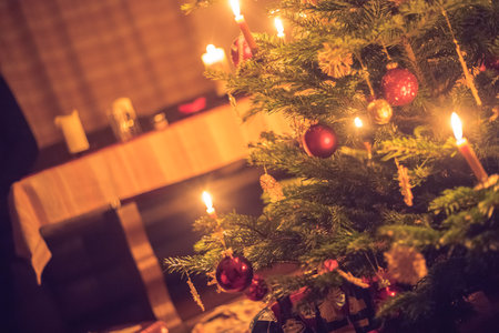 Cut-out of a traditionally decorated Christmas tree with Christmas baubles.の写真素材