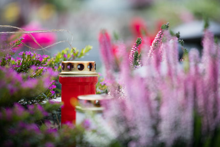 Candle on a grave at a cemeteryの写真素材
