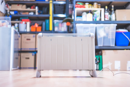 Electric heater, heating the basement. Blurry shelfs in the backgroundの写真素材